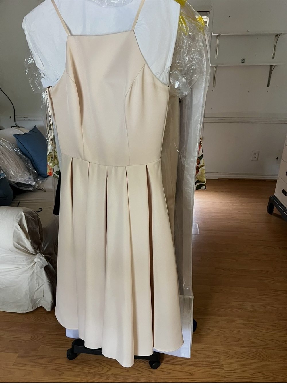 Chi Chi London Cream Midi Pleated Spaghetti-Strap Dress